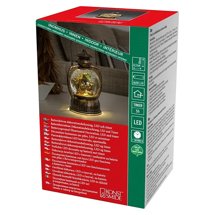 Konstsmide LED-Schneelaterne Weihnachtskrippe - Innen, Braun, 12,7 x 12,7 x 20 cm, Dorf, Batteriebetrieben - Diagonale Ansicht