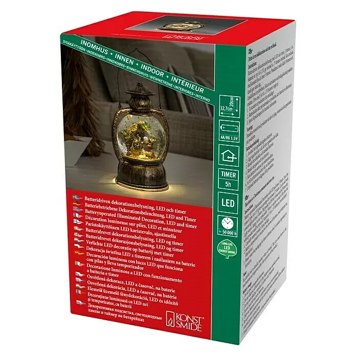 Konstsmide LED-Schneelaterne Weihnachtskrippe - Innen, Braun, 12,7 x 12,7 x 20 cm, Dorf, Batteriebetrieben