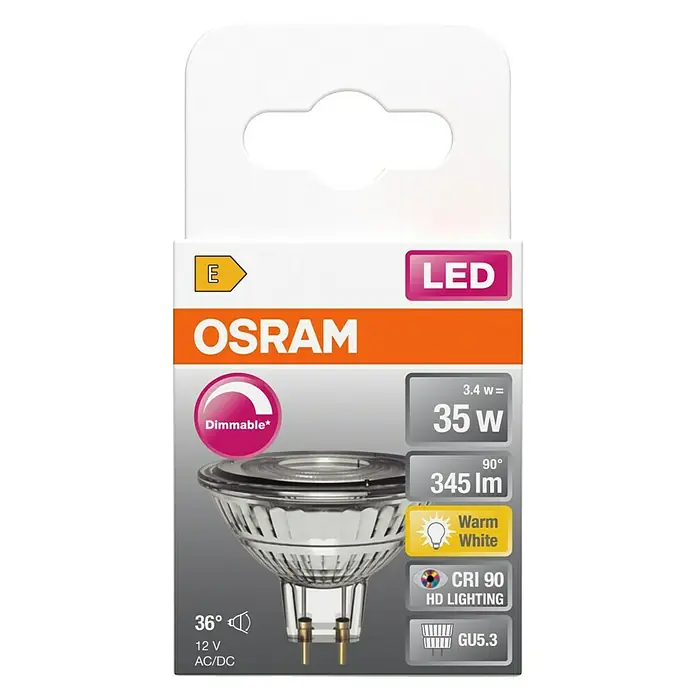 Osram Superstar LED-Lampe MR16 - GU5,3, Dimmbar, Warmweiß, 345 lm, 3,4 W - Nahaufnahme einer OSRAM LED-Lampe mit 35W, dimmbar, warmweiß und GU5.3 Sockel. Ideal für stimmungsvolle Beleuchtung.
