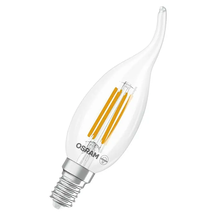 Osram Superstar LED-Lampe Classic BA - E14, Dimmbar, Warmweiß, 470 lm, 3,4 W - Nahaufnahme einer Osram LED-Filament-Kerzenlampe mit E14-Sockel, die warmweißes Licht erzeugt und Energieeffizienz mit Vintage-Ästhetik verbindet.