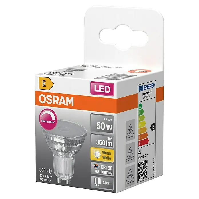 Osram Superstar LED-Lampe PAR16 - 3,7W - GU10, Dimmbar, Warmweiß, 350 lm, 3,7 W - Produktverpackung einer dimmbaren OSRAM LED Lampe mit 350lm und GU10 Sockel, die warmweißes Licht erzeugt und eine Energieeffizienzklasse E hat.