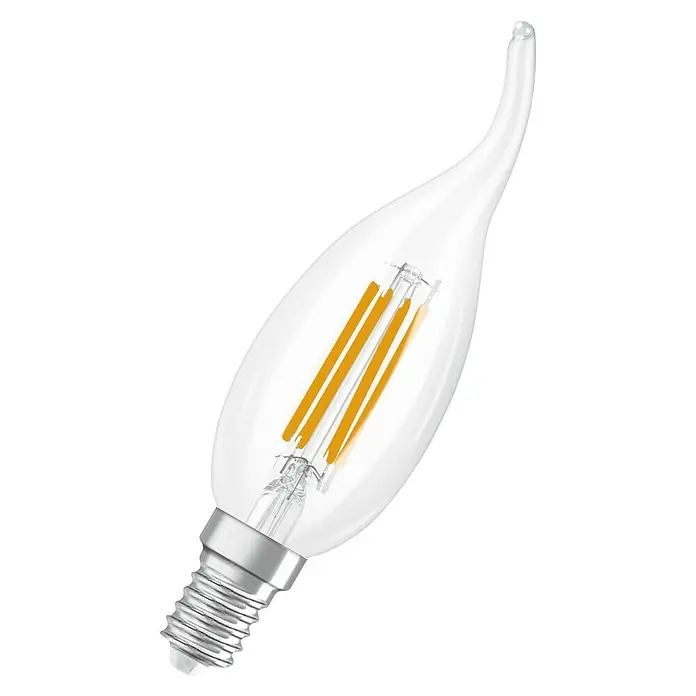 Osram Superstar LED-Lampe Classic BA - E14, Dimmbar, Warmweiß, 470 lm, 3,4 W - Nahaufnahme einer klaren LED-Glühbirne im Kerzen-Stil mit filigranen gelben Filamenten und einem Metallfuß auf schwarzem Hintergrund.