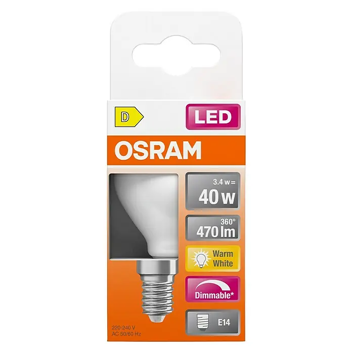 Osram Superstar LED-Lampe Classic P - Dimmbar, Warmweiß, 470 lm, 3,4 W - Bild einer OSRAM LED-Lampe, E14, 40W, dimmbar und warmweiß, ideal für stimmungsvolle Beleuchtung.