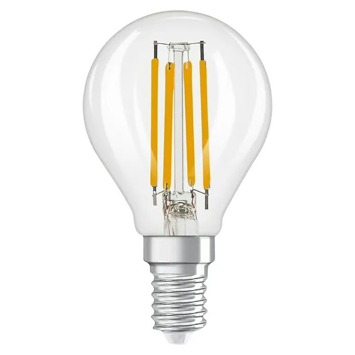 Osram Bombilla LED Esferic - E14, 3,4 W, 470 lm - Esta imagen presenta una bombilla de filamento LED E14 con cuerpo de vidrio transparente. Ideal para iluminación ambiental con luz blanca cálida.
