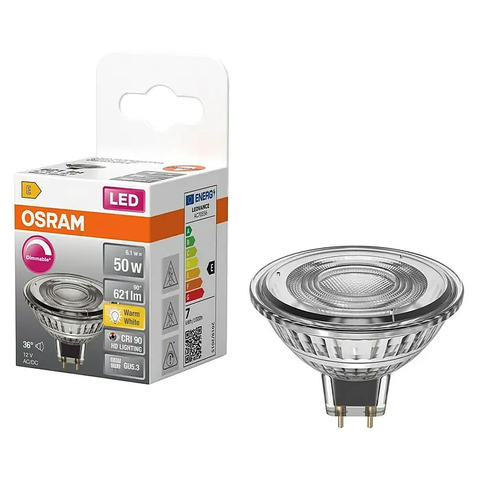 Osram Superstar LED-Lampe MR16 - GU5,3, Dimmbar, Warmweiß, 621 lm, 6,1 W - LED-Lampe von Osram, 50W, warmweiß, dimmbar, mit GU5.3 Sockel und hoher Farbwiedergabe (CRI 90) für HD-Beleuchtung.