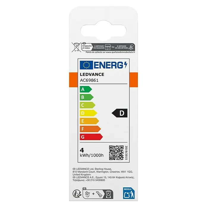 Osram Bombilla LED vela - E14, 3,4 W, 470 lm - Etiqueta de embalaje del producto para una bombilla LEDVANCE AC69861, clase de eficiencia energética D, 4 kWh/1000h, con información de reciclaje.
