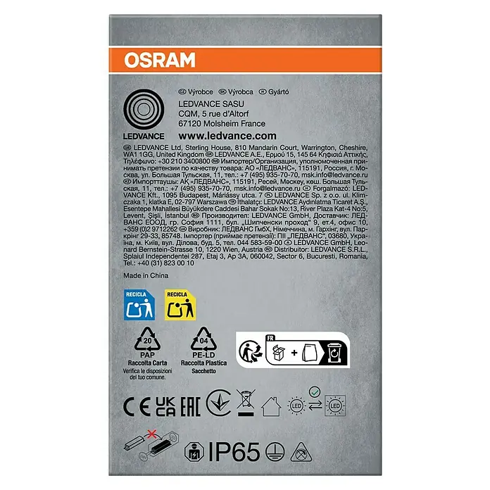 Osram LED-Feuchtraumlichtleiste Submarine - L x B x H: 65,1 x 6,6 x 7,5 cm, Lichtfarbe: Kaltweiß, 8 W, IP65 - Produktverpackung von Osram/Ledvance mit Recyclinghinweisen und Zertifizierungen.