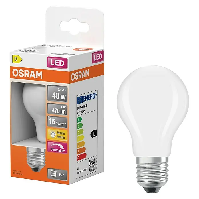 Osram Superstar LED-Lampe Classic A - E27, Dimmbar, Warmweiß, 470 lm, 3,4 W - Produktbild einer Osram LED-Lampe mit E27-Sockel, 40W Äquivalent, warmweißem Licht und Energieeffizienzklasse D, sowohl in Verpackung als auch separat.