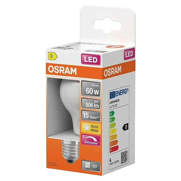 Osram Superstar LED-Lampe Classic A - frosted - E27, Dimmbar, Warmweiß, 806 lm, 5,9 W - Das Bild zeigt eine OSRAM LED-Lampe in einer orange-weißen Verpackung, die die technischen Daten und Vorteile der Lampe hervorhebt.