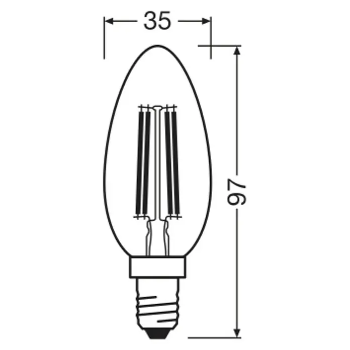 Osram Bombilla LED vela - E14, 3,4 W, 470 lm - Ilustración de una bombilla LED filamento tipo vela, con dimensiones de 35 mm de diámetro y 97 mm de altura. Perfecta para iluminación decorativa.