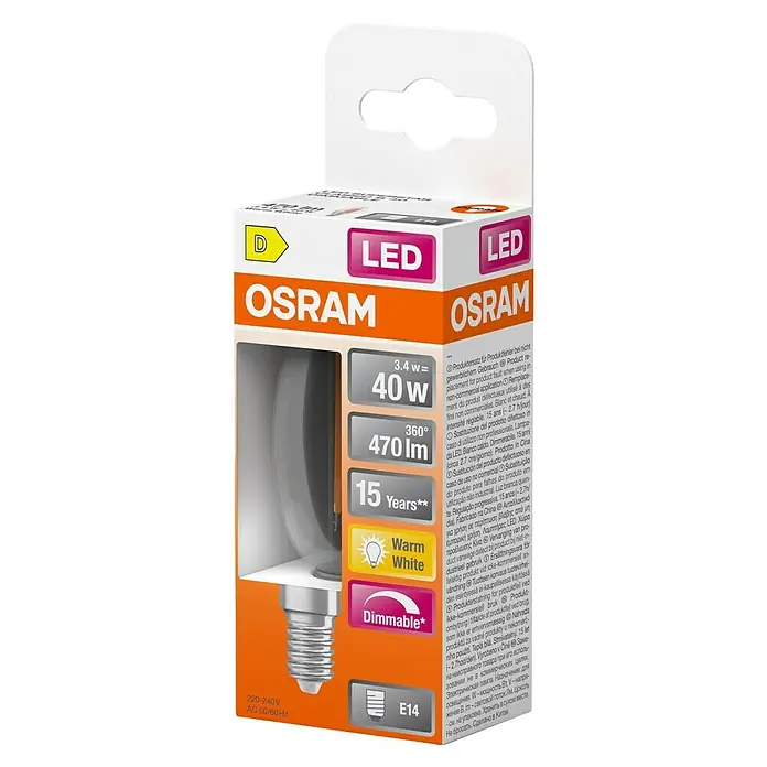 Osram Bombilla LED vela - E14, 3,4 W, 470 lm - Paquete de producto de una bombilla LED Osram regulable con base E14, que proporciona luz blanca cálida y una vida útil de 15 años.