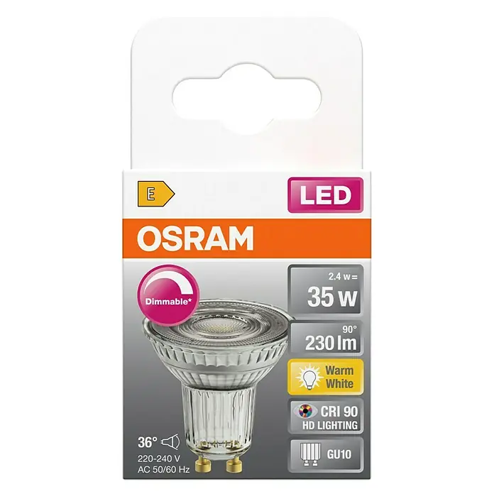 Osram Superstar LED-Lampe PAR16 - 2,4W - GU10, Dimmbar, Warmweiß, 230 lm, 2,4 W - Abbildung einer dimmbaren Osram LED Lampe mit 35W, warmweißem Licht und GU10 Sockel.