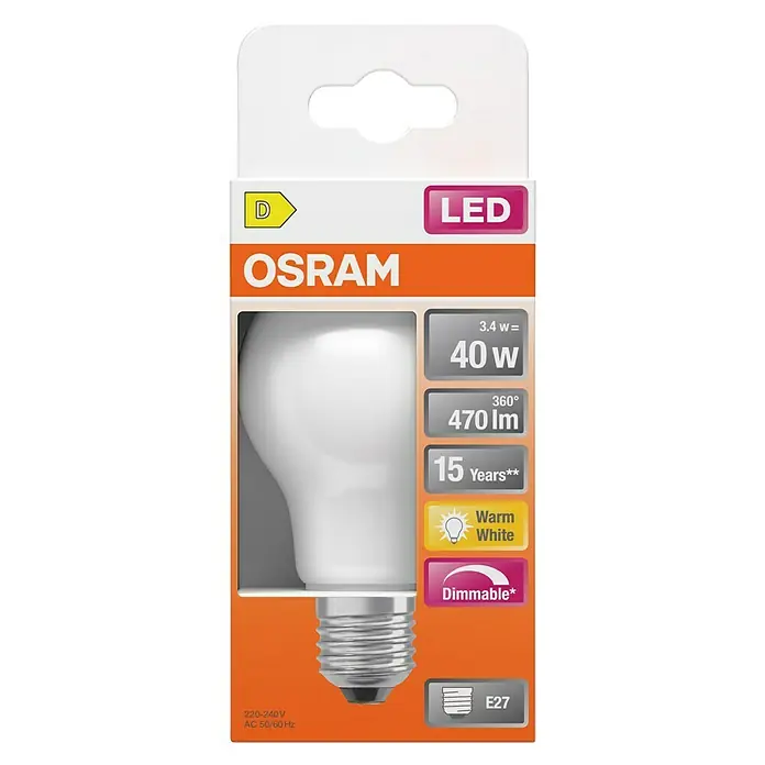 Osram Superstar LED-Lampe Classic A - E27, Dimmbar, Warmweiß, 470 lm, 3,4 W - Eine Osram LED-Lampe in der Verpackung, mit Informationen zu Leistung, Helligkeit und Farbtemperatur.