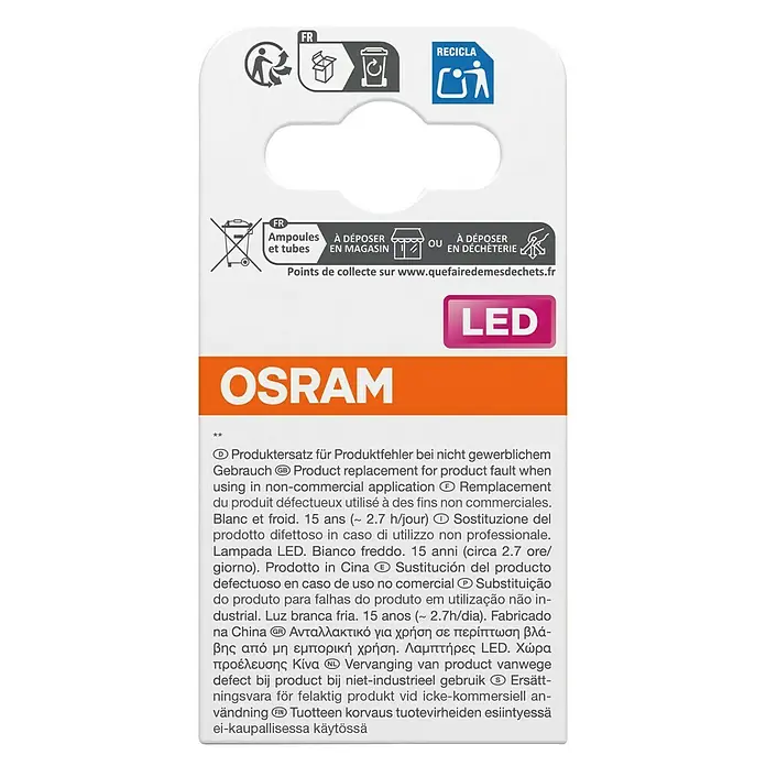 Osram Star Bombilla LED - GU10, No regulable, Blanco frío, 230 lm, 2,4 W - Etiqueta del embalaje del producto con símbolos de reciclaje y eliminación, indicación LED y fabricante OSRAM.