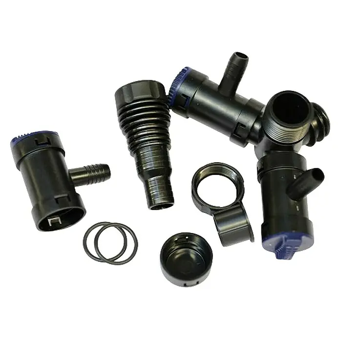 Oase Wasserverteiler Multi WD - ½″ - Schwarze und blaue Sanitärarmaturen, die eine vielfältige Installation in Sanitärbereichen ermöglichen.