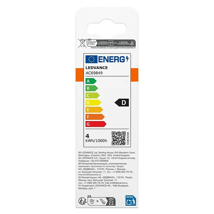 Osram Superstar LED-Lampe Classic BA - E14, Dimmbar, Warmweiß, 470 lm, 3,4 W - Produktverpackungsetikett mit LEDVANCE AC69849 Energieeffizienzklasse D und einem Stromverbrauch von 4 kWh/1000h.