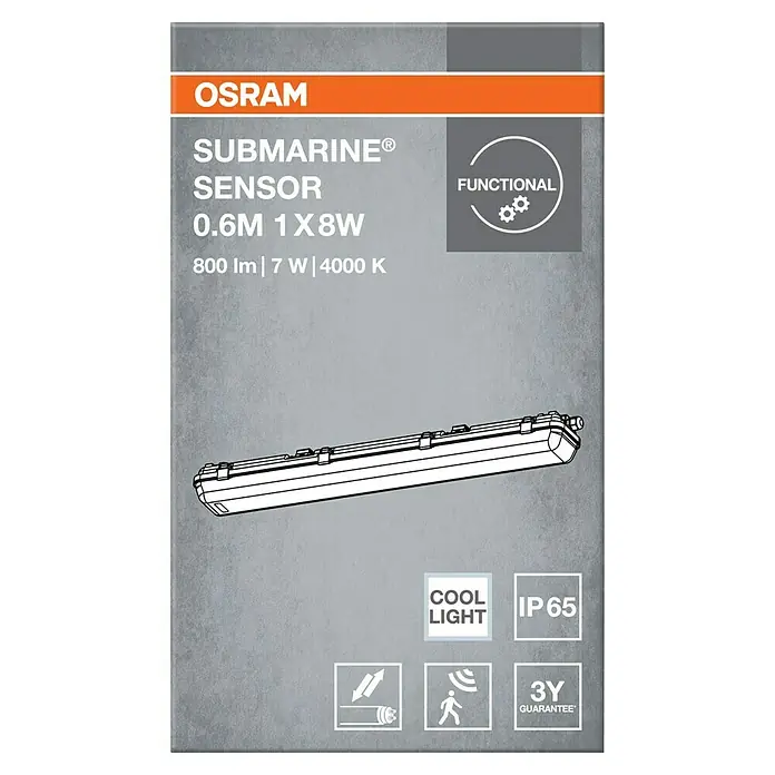 Osram LED-Feuchtraumlichtleiste Submarine - L x B x H: 65,1 x 6,6 x 7,5 cm, Lichtfarbe: Kaltweiß, 8 W, IP65 - Abbildung einer OSRAM Submarine Sensor Leuchte, 0.6M 1X8W, mit 800 lm, 7 W und 4000 K, ideal für funktionale Beleuchtung.