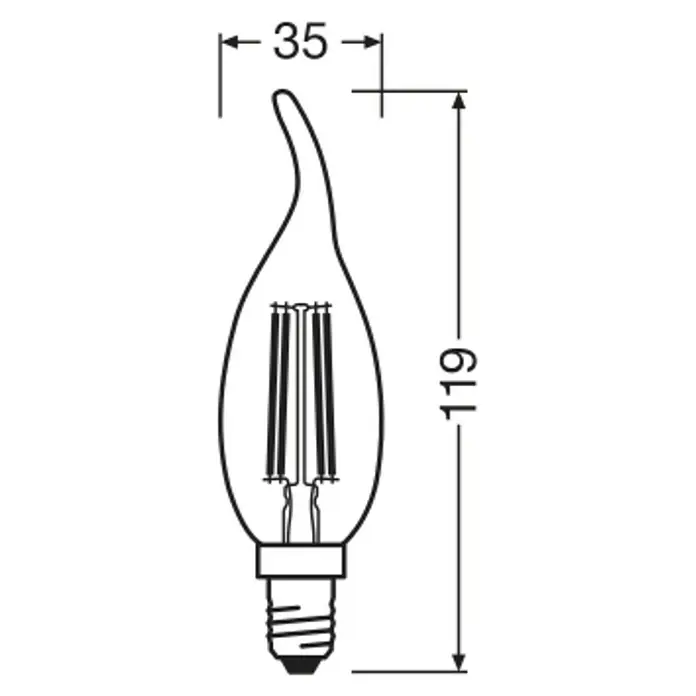 Osram Superstar LED-Lampe Classic BA - E14, Dimmbar, Warmweiß, 470 lm, 3,4 W - Produktabbildung einer Glühbirne im Retro-Design mit Maßangaben von 35 mm Breite und 119 mm Höhe für Produktinformationen.