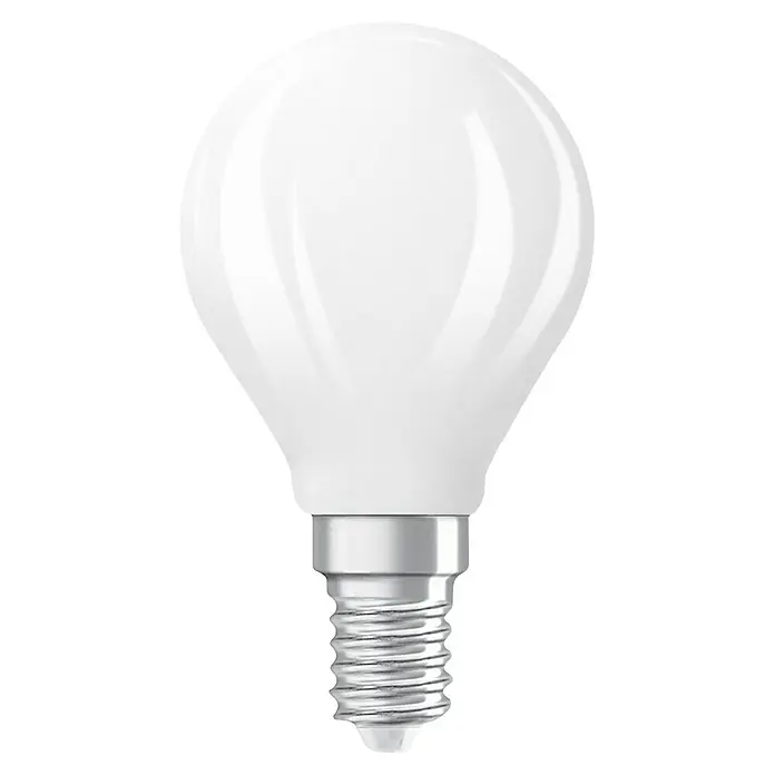 Osram Superstar LED-Lampe Classic P - Dimmbar, Warmweiß, 470 lm, 3,4 W - Nahaufnahme einer G45 LED-Lampe mit mattweißem Glaskolben und einem kleinen Edison-Schraubsockel für energieeffiziente Beleuchtung.