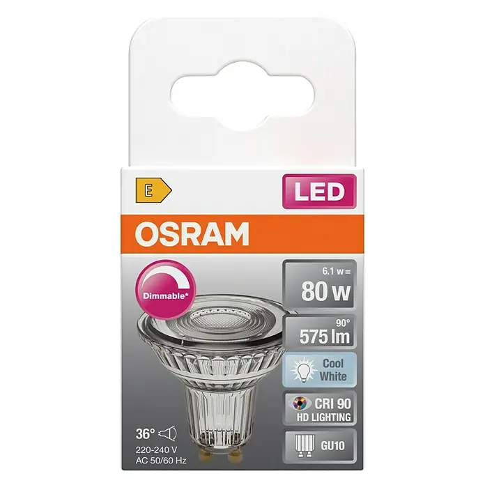 Osram Bombilla LED - GU10, 6,1 W, 575 lm - Primer plano del embalaje de una bombilla LED regulable OSRAM con especificaciones de potencia, intensidad luminosa y temperatura de color.
