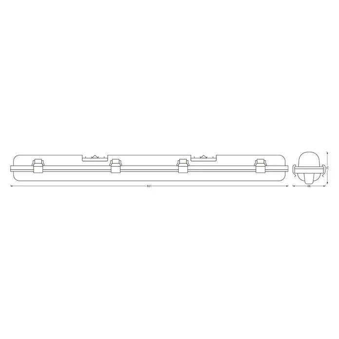 Osram LED-Feuchtraumlichtleiste Submarine - L x B x H: 65,1 x 6,6 x 7,5 cm, Lichtfarbe: Kaltweiß, 8 W, IP65 - Abbildung eines Leuchtenkörpers mit den Maßen 651 x 66 x 75 mm, eine technische Zeichnung.