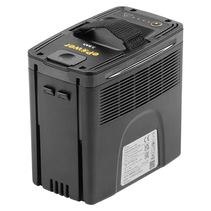 Stiga Akku ePower - 48 V, 7,5 Ah, Li-Ionen - Nahaufnahme eines schwarzen ePower 7.5Ah Akkus mit Tragegriff, der für seine robuste Bauweise und lange Lebensdauer bekannt ist.