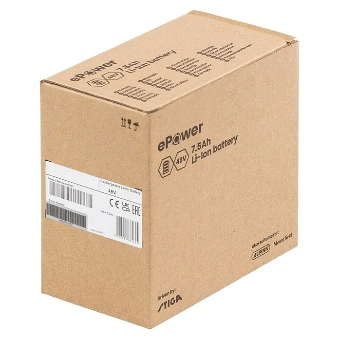 Stiga Akku ePower - 48 V, 7,5 Ah, Li-Ionen - Verpackung einer ePower 48V 7.5Ah Lithium-Ionen-Batterie, geeignet für Alpina und Mountfield Geräte.