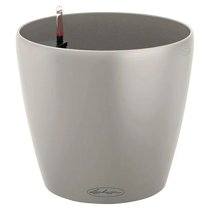 Lechuza Classico Pflanztopf Color - Außenmaß (Ø x H): 34,5 x 32,5 cm, Kunststoff, Sandbraun - Nahaufnahme eines Lechuza Pflanzgefäßes in neutralem Grau, das Design und Funktionalität für die Zimmerpflanzenpflege vereint.