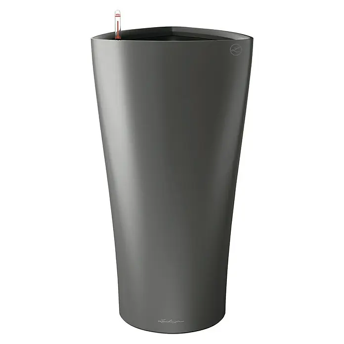 Lechuza Pflanzsäule rund Delta - Ø x H: 39 x 75,5 cm, Kunststoff, Anthrazit Metallic - Aufnahme eines grauen Lechuza-Pflanzgefäßes mit einem Füllstandsanzeiger, das sich ideal für die Innenraumbegrünung eignet.