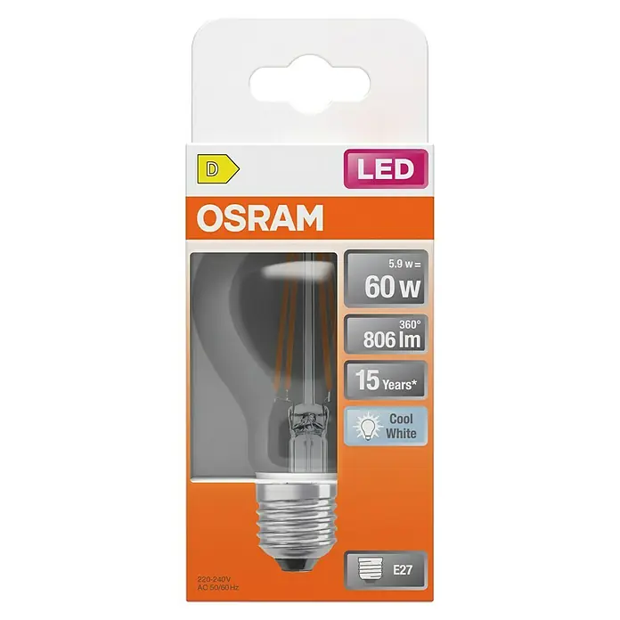 Osram Star Bombilla LED Classic - E27, No regulable, Blanco frío, 806 lm, 5,9 W, Mate - Imagen de una bombilla LED Osram de 60W, que ofrece una luz blanca cálida y eficiencia energética.