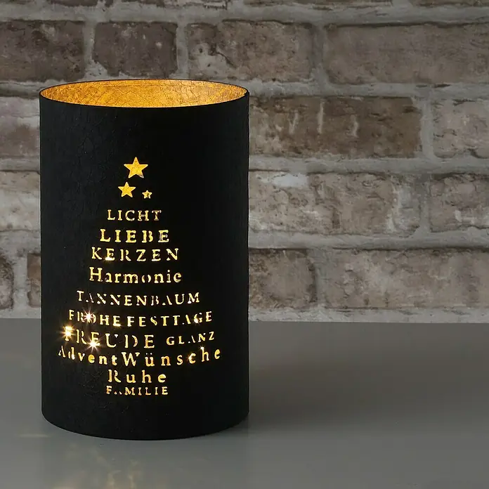 Windlicht Weihnachten - Ø x H: 13 x 20 cm, Gold/Schwarz, 1 Stk. - Stimmungsvolle Dekoration: Schwarze Laterne mit goldenem Inneren, weihnachtlichen Ausschnitten und warmem Lichtschein für eine gemütliche Atmosphäre.