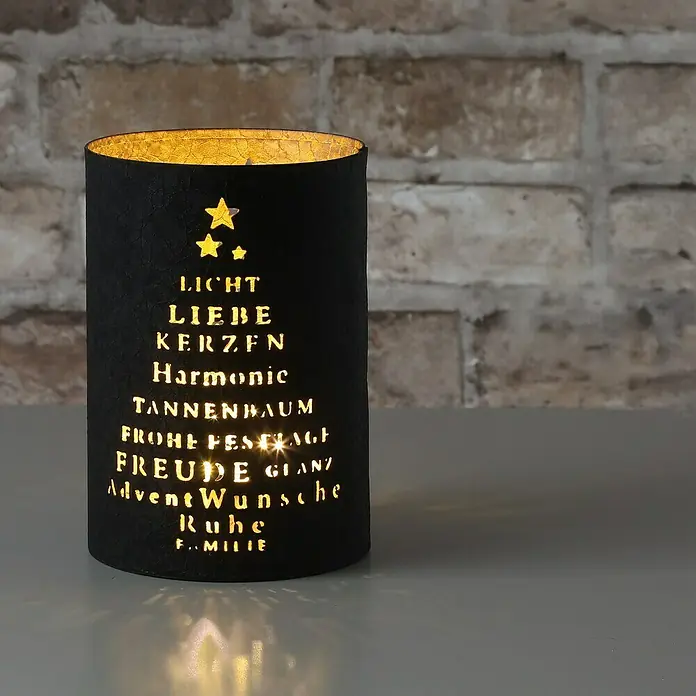 Windlicht Weihnachten - Ø x H: 10 x 15 cm, Gold/Schwarz, 1 Stk. - Dekorative Lichtlaterne in Schwarz mit weihnachtlichen Wünschen und Sternen, die ein warmes, stimmungsvolles Licht erzeugt.