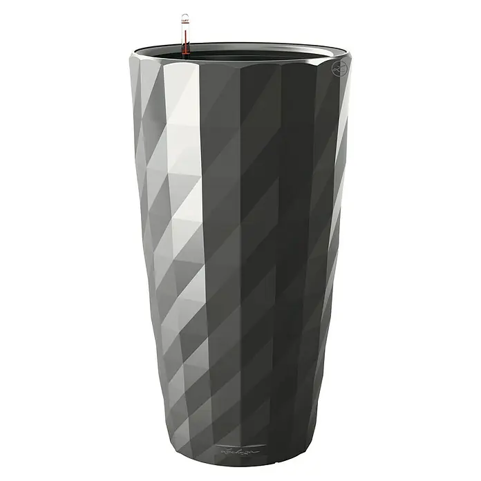 Lechuza Pflanzsäule rund Diamante - Außenmaß (Ø x H): 40 x 75 cm, Kunststoff, Anthrazit - Elegantes, silberfarbenes Lechuza Pflanzgefäß mit geometrischem Design. Perfekt für Innenräume, vereint Stil und Funktionalität.