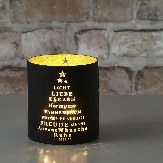 Windlicht Weihnachten - Ø x H: 9 x 10 cm, Gold/Schwarz, 1 Stk. - Dekorative Windlicht-Laterne mit weihnachtlichen Wünschen in Form eines Weihnachtsbaums, die ein warmes, stimmungsvolles Licht verbreitet.