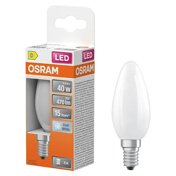 Osram Bombilla LED -  - Imagen de una bombilla LED Osram con base E14, potencia de 40W y luz blanca fría. Clase de eficiencia energética D para un consumo económico.