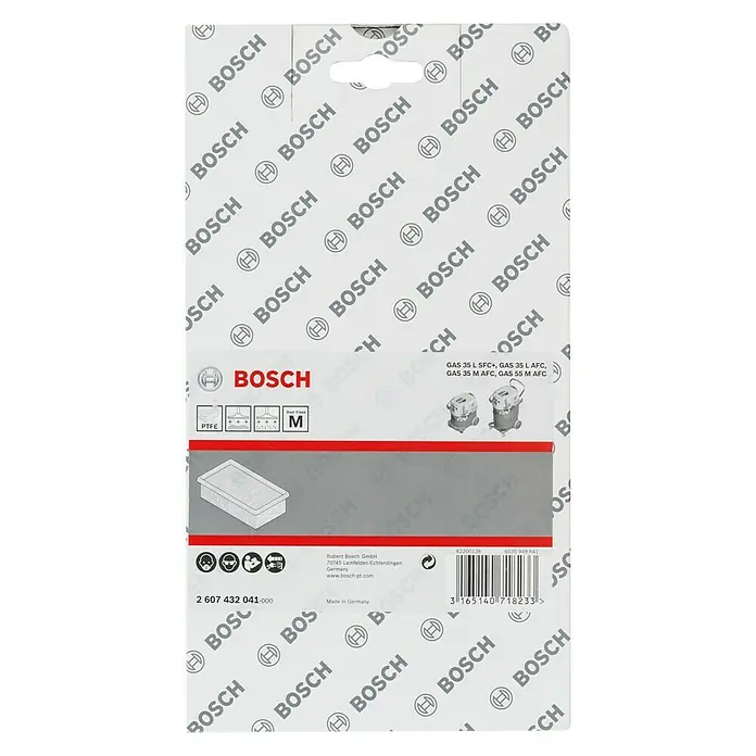 Bosch Flachfaltenfilter - PTFE - Bild einer Bosch-Filterpatrone. Das Bild zeigt eine Filterpatrone von Bosch in einer Schutzverpackung mit Bosch-Logo im Hintergrund.