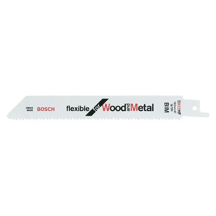 Bosch Säbelsägeblatt S 922 HF - Einsatzbereich: Holz mit Nägeln, Länge: 150 mm - Ein Bosch S922HF BIM Säbelsägeblatt, flexibel, für Holz und Metall, 150 mm lang mit 10 TPI Zahnteilung für effizientes Sägen.