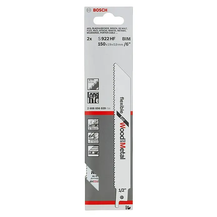Bosch Säbelsägeblatt S 922 HF - Einsatzbereich: Holz mit Nägeln, Länge: 150 mm - Das Bild zeigt eine Bosch S 922 HF BIM Säbelsägeblatt-Packung, ideal für Holz und Metall, mit einer Länge von 150 mm und 10 TPI.