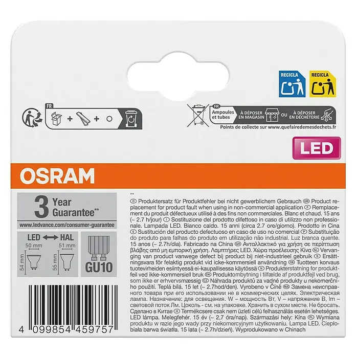 Osram Star LED-Lampen-Set PAR16 - 3,7W - GU10, Nicht Dimmbar, Warmweiß, 350 lm, 3,7 W, 2 Stk. - OSRAM LED Leuchtmittel Verpackung mit Garantiehinweis und Entsorgungssymbolen.