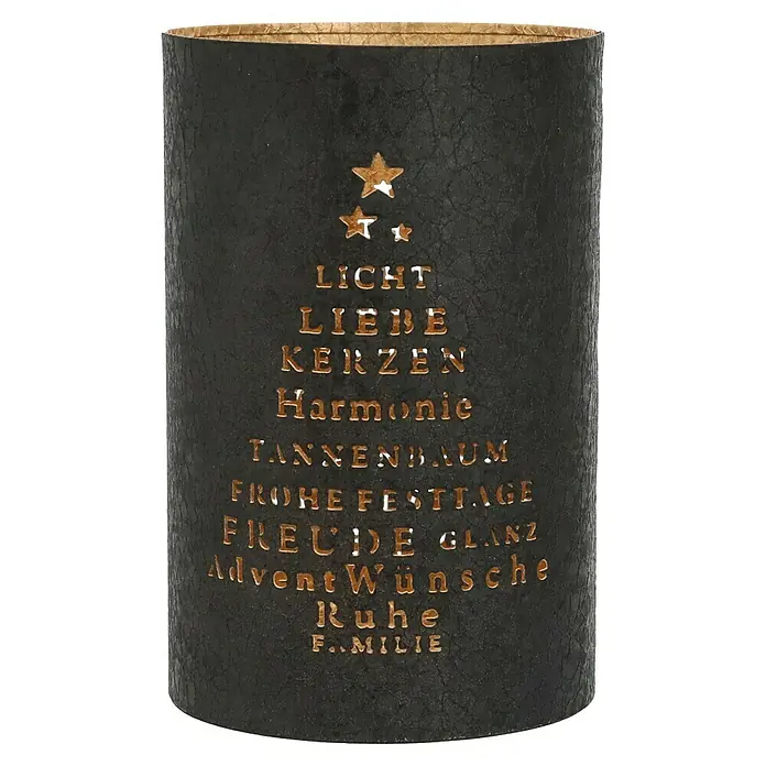 Windlicht Weihnachten - Ø x H: 13 x 20 cm, Gold/Schwarz, 1 Stk. - Dekorative schwarze Kerzenlaterne mit Aussparungen, die eine festliche Botschaft in Form eines Tannenbaums offenbaren.