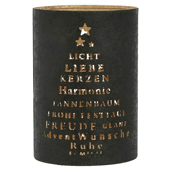 Windlicht Weihnachten - Ø x H: 10 x 15 cm, Gold/Schwarz, 1 Stk. - Dekorative schwarze Laterne mit ausgeschnittenen Weihnachtswünschen, perfekt für eine stimmungsvolle Weihnachtsdekoration.