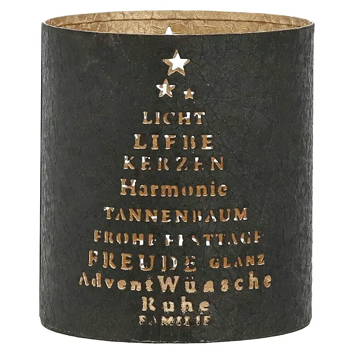 Windlicht Weihnachten - Ø x H: 9 x 10 cm, Gold/Schwarz, 1 Stk. - Schwarzes Windlicht mit weihnachtlichen Aussparungen in Form eines Weihnachtsbaums mit Sternen und Texten.