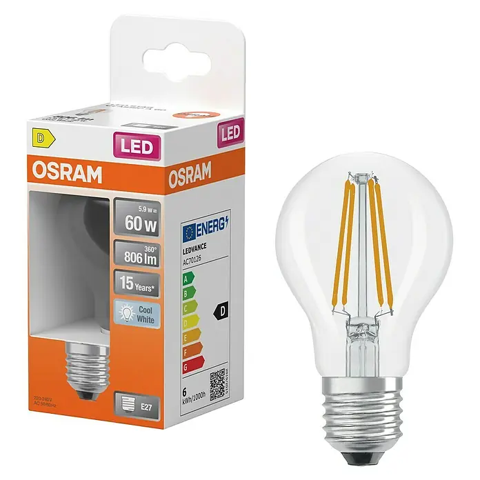 Osram Star Bombilla LED Classic - E27, No regulable, Blanco frío, 806 lm, 5,9 W, Mate - Bombilla LED Osram con diseño retro, ideal para iluminación ambiental. Embalaje y bombilla juntos.