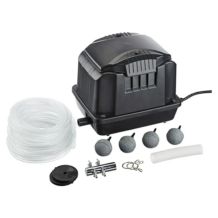 Pontec Teichbelüfter-Set PondoAir 3600 - Fördermenge pro Std.: 3.600 l - Ein schwarzer Teichbelüfter mit Luftschlauch, Ausströmersteinen und Zubehör für eine optimale Sauerstoffversorgung des Teichs.