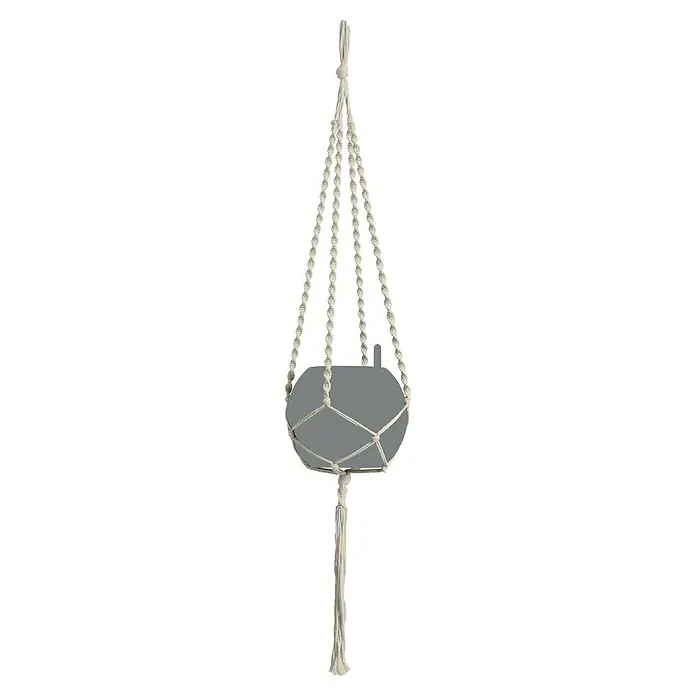 Lechuza Blumenampel Makramee Boho - Länge: 120 cm, Baumwolle, Natur - Dieses Bild zeigt einen Makramee-Pflanzenhänger mit einer grauen Schale. Der Pflanzenhänger ist aus cremefarbenem Seil gefertigt und hat einen dekorativen Quasten.