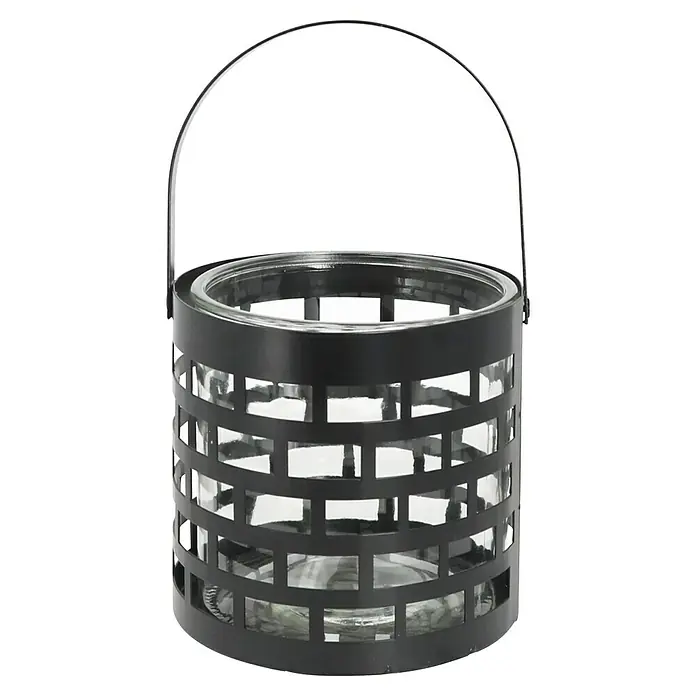 Windlicht Ella - Ø x H: 15 x 16 cm, Schwarz - Dekorative Glaslaterne mit schwarzem Metallrahmen und Henkel. Ideal für Kerzen oder kleine Pflanzen, um eine gemütliche Atmosphäre zu schaffen.
