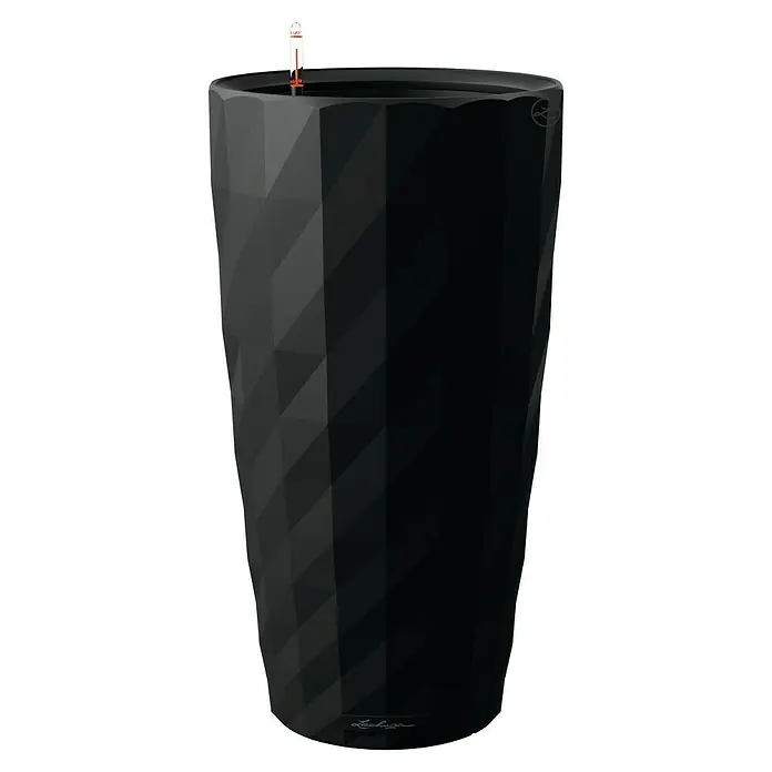 Lechuza Pflanzsäule rund Diamante - Außenmaß (Ø x H): 40 x 75 cm, Kunststoff, Schwarz Matt - Schwarzer Lechuza Blumentopf mit geometrischem Muster und integriertem Wasserstandsanzeiger für stilvolle Innenraumbegrünung.