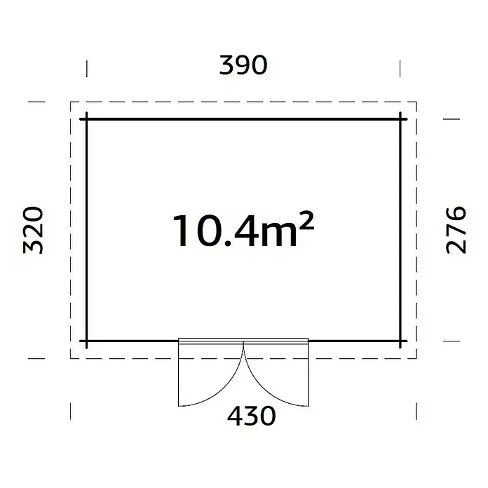 Palmako Gartenhaus Lola - Außenmaß inkl. Dachüberstand (B x T): 430 x 390 cm, Holz, Braun - Grundriss eines rechteckigen Gebäudes mit den Maßen 320 x 390 cm und einer Fläche von 10,4 m².