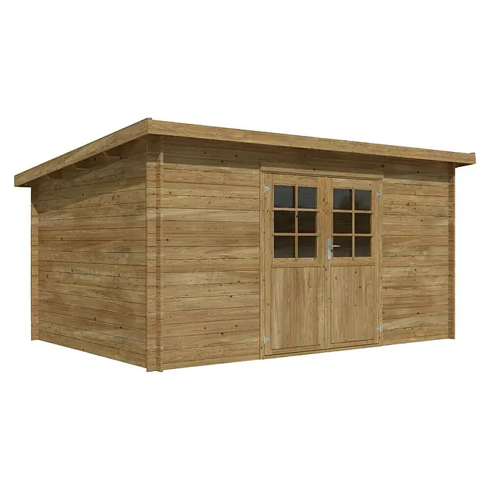 Palmako Gartenhaus Lola - Außenmaß inkl. Dachüberstand (B x T): 430 x 390 cm, Holz, Braun - Ein hölzernes Gartenhaus mit Doppeltür und Fenstern, ideal für die Aufbewahrung von Gartengeräten und als Werkstatt im Freien.
