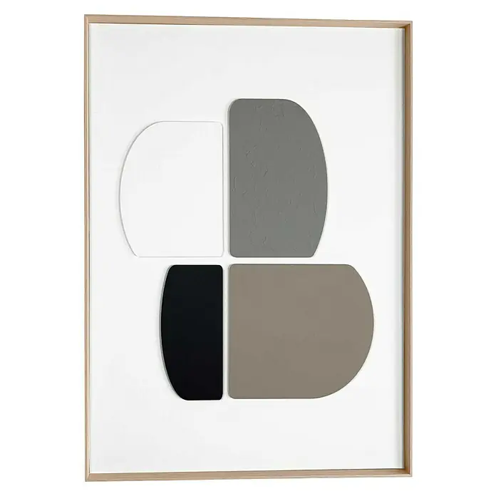 Reinders Bild Relief Art - Sculpted Sil, B x H: 50 x 70 cm - Ein modernes Kunstwerk mit geometrischen Formen in Weiß, Grau, Schwarz und Beige, gerahmt in hellem Holz.